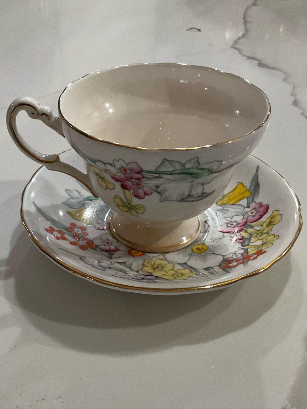 Vintage Floral Teacup and Saucer - White with Multicolor Flower Accents